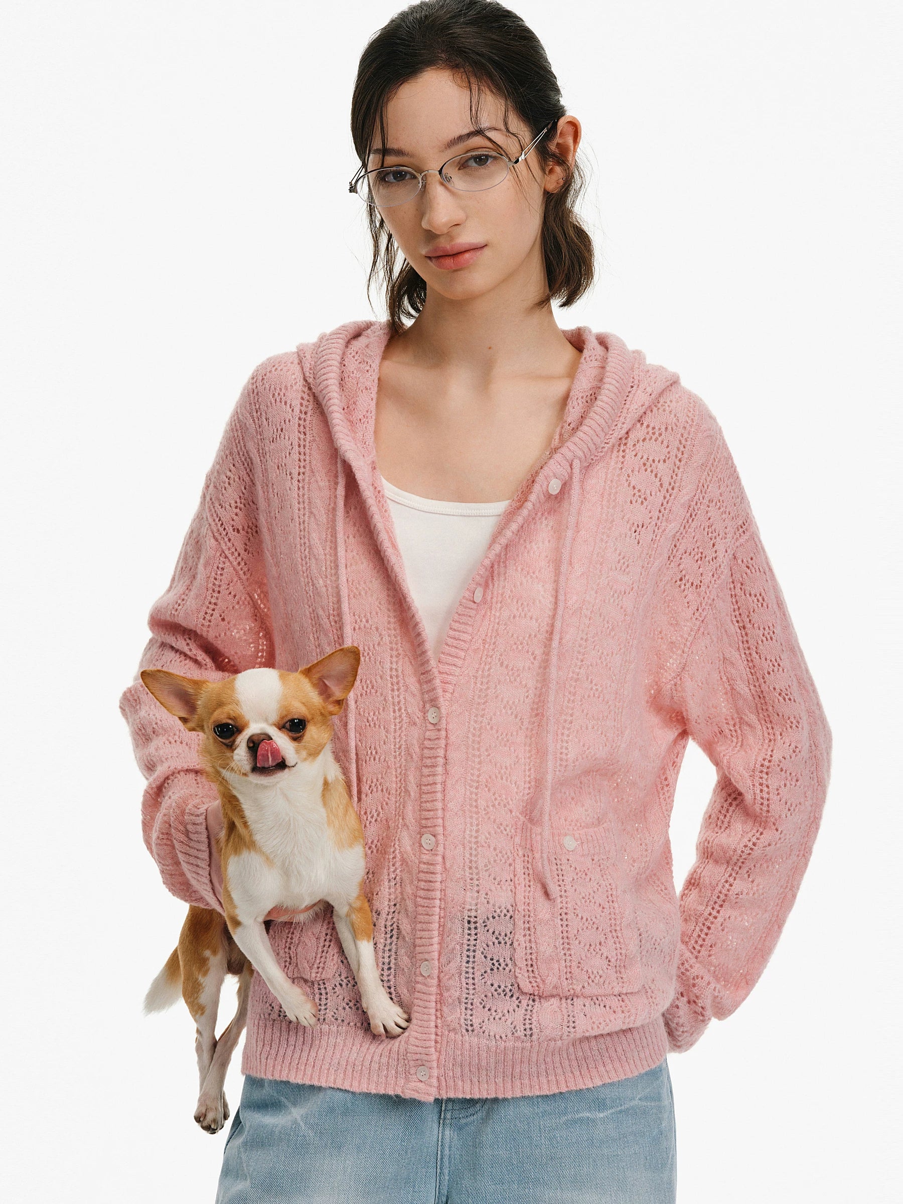Hollow-Knit Hooded Cardigan
