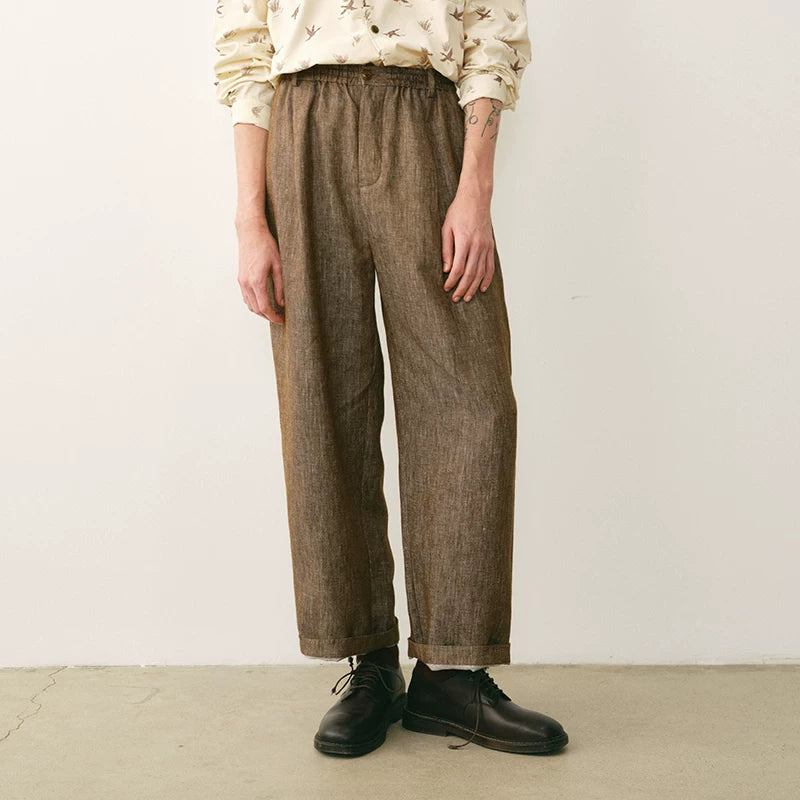 Linen Blend Elastic Waist Cropped Trousers