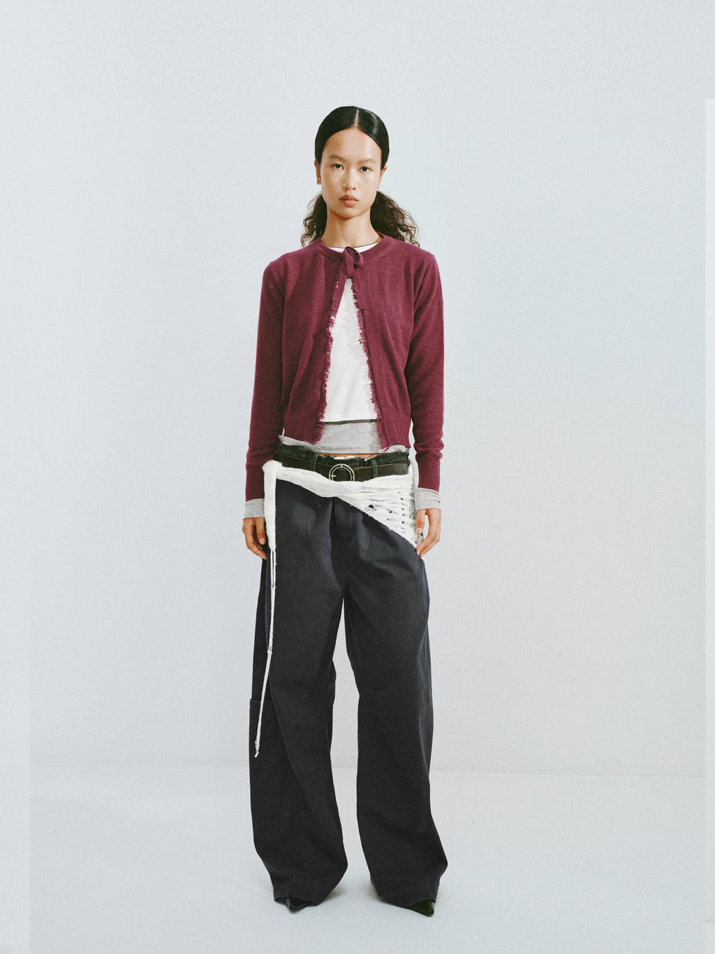 Fringed Wool Blend Tie-Front Cardigan