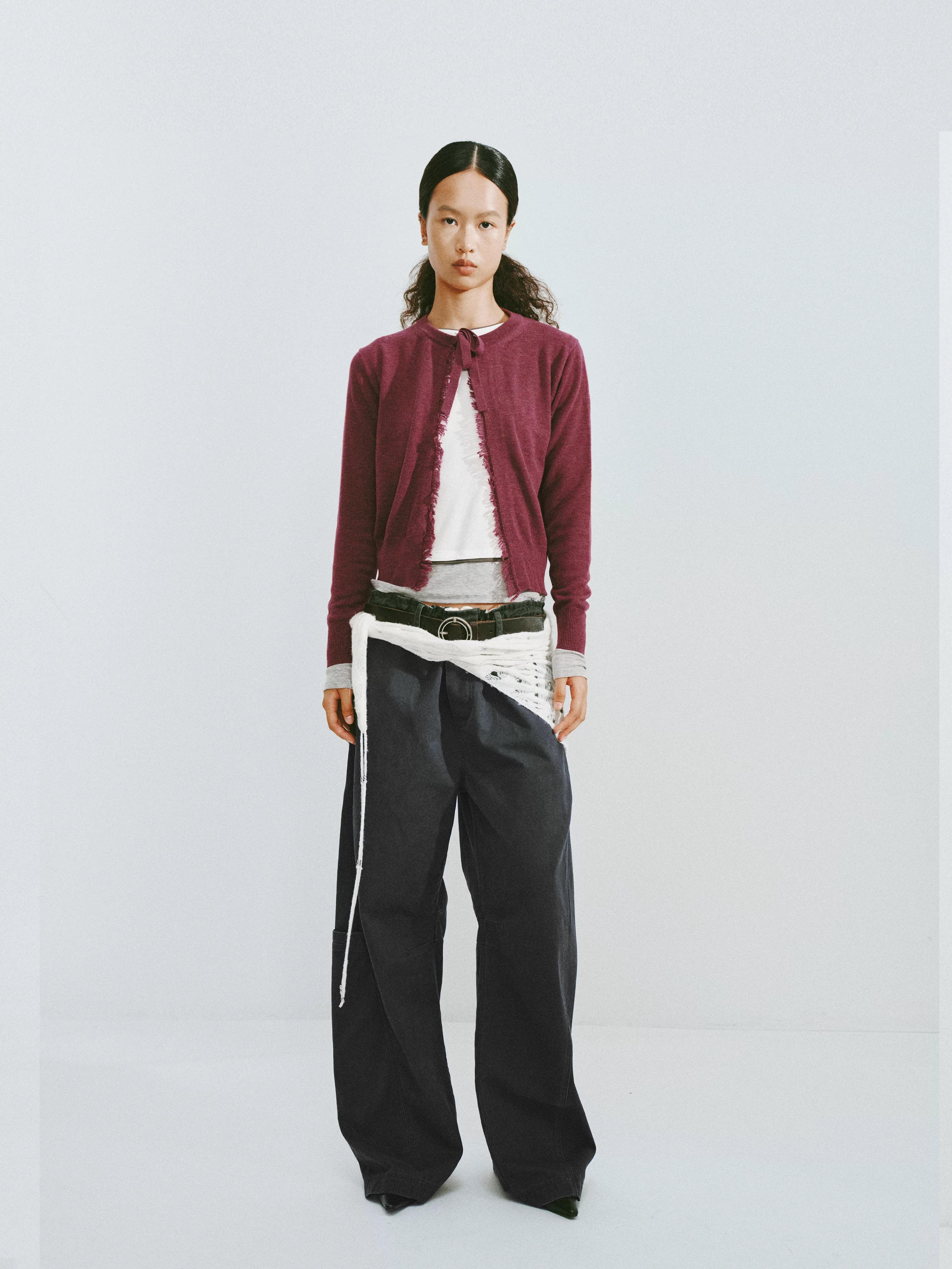 Fringed Wool Blend Tie-Front Cardigan