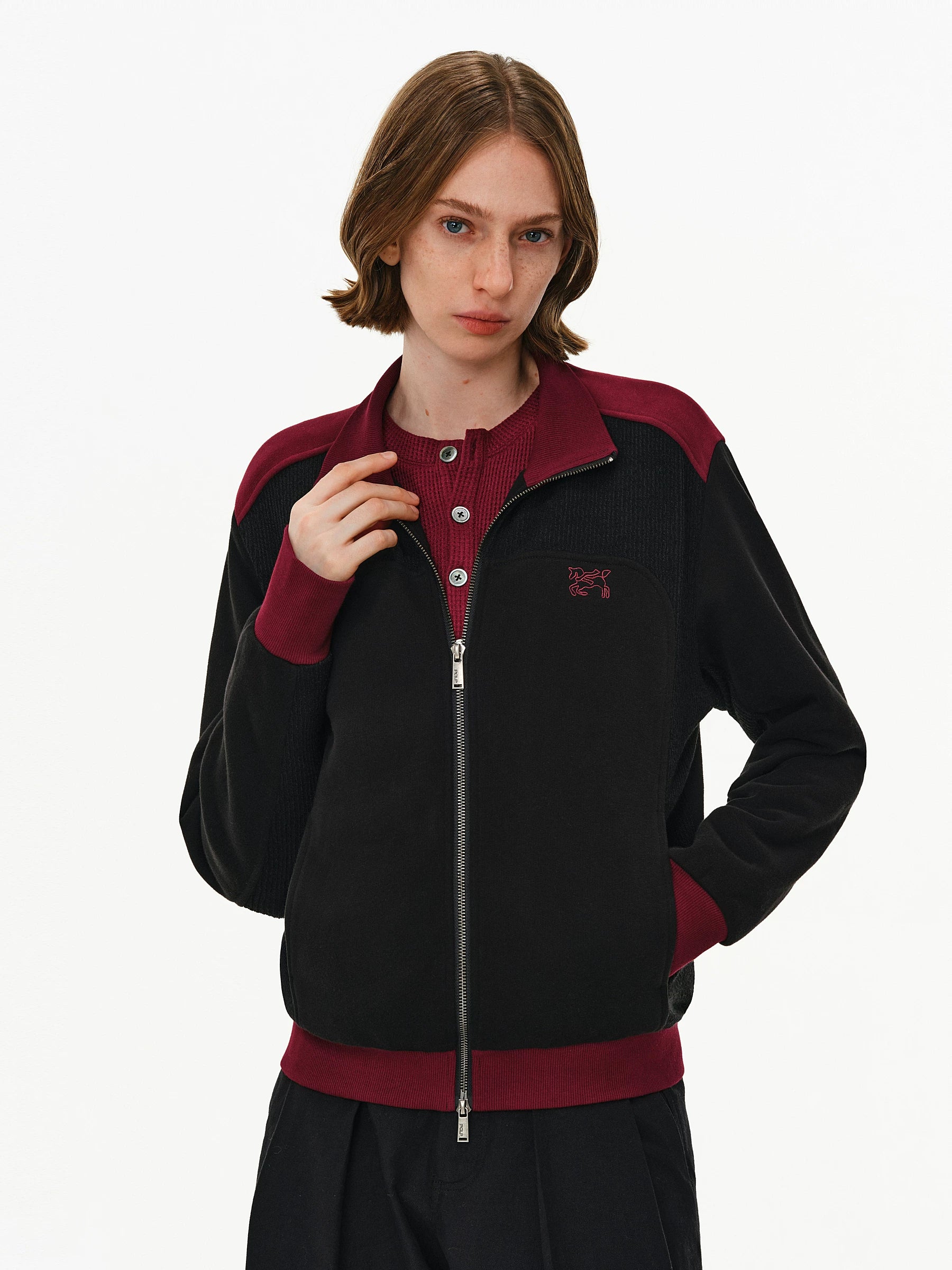 Color-Block Stand-Collar Zip Jacket