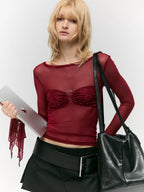 Asymwe Niche Design Sexy Slim-Fit Base Layer with Lace Stitching Red Mesh Long-Sleeve T-Shirt for Women with a High-End Feel