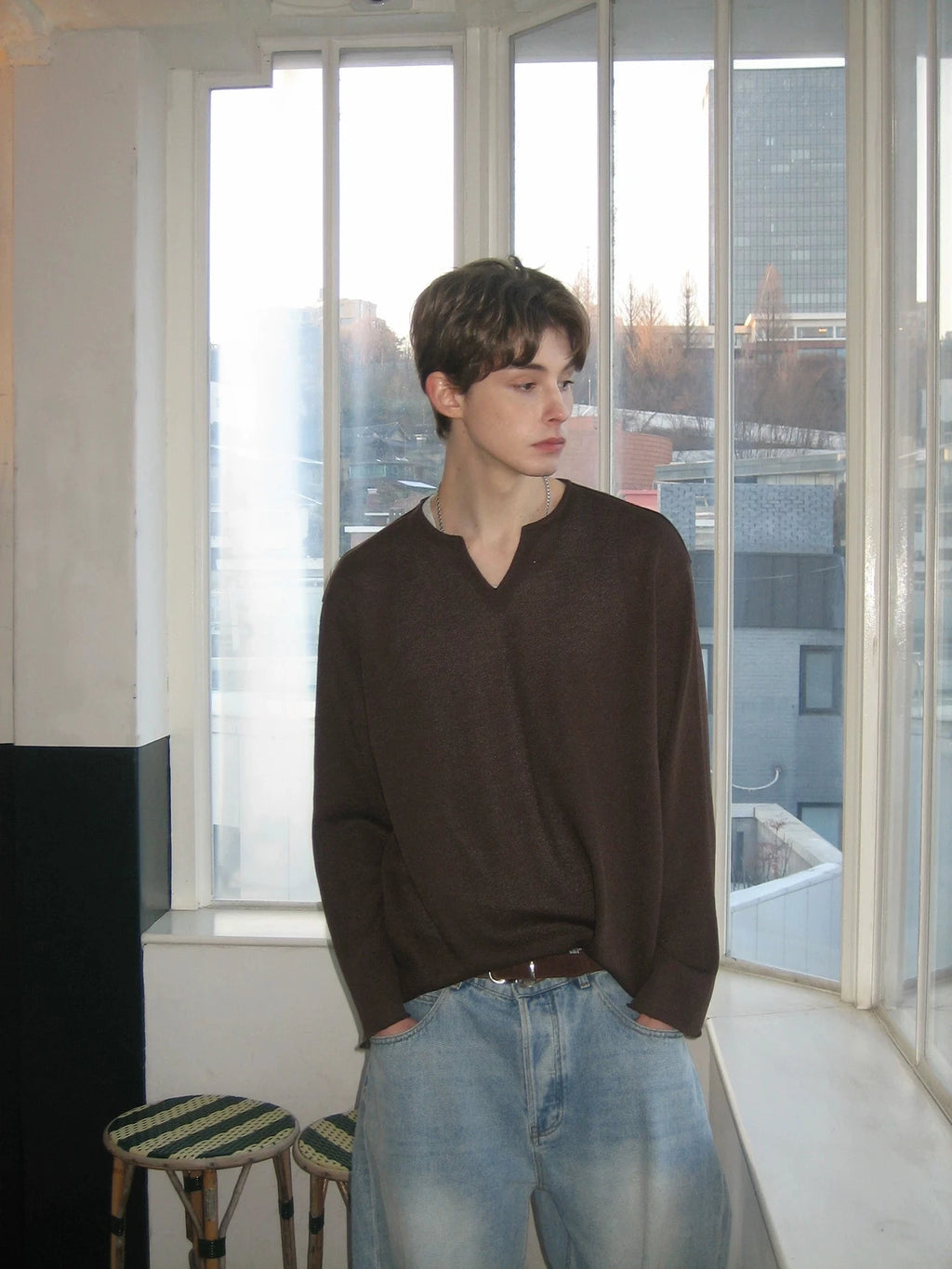 V-Neck Knit Long-Sleeve Sweater