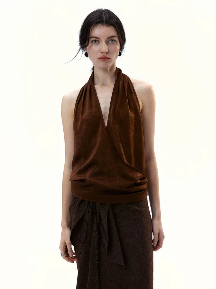 Sunset Brown Draped Asymmetrical Halter Top