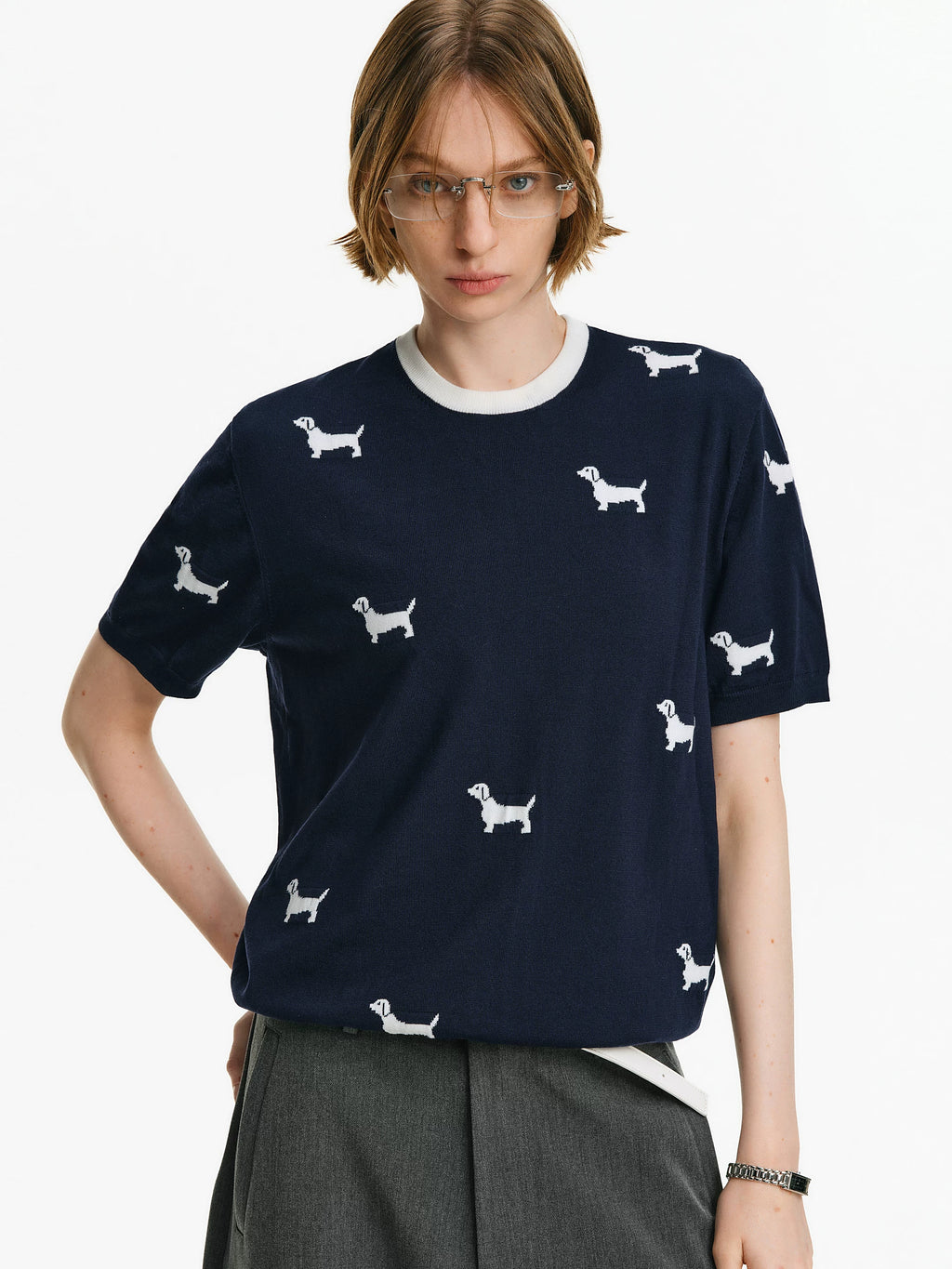 Dachshund Intarsia Knit Short-Sleeve Sweater