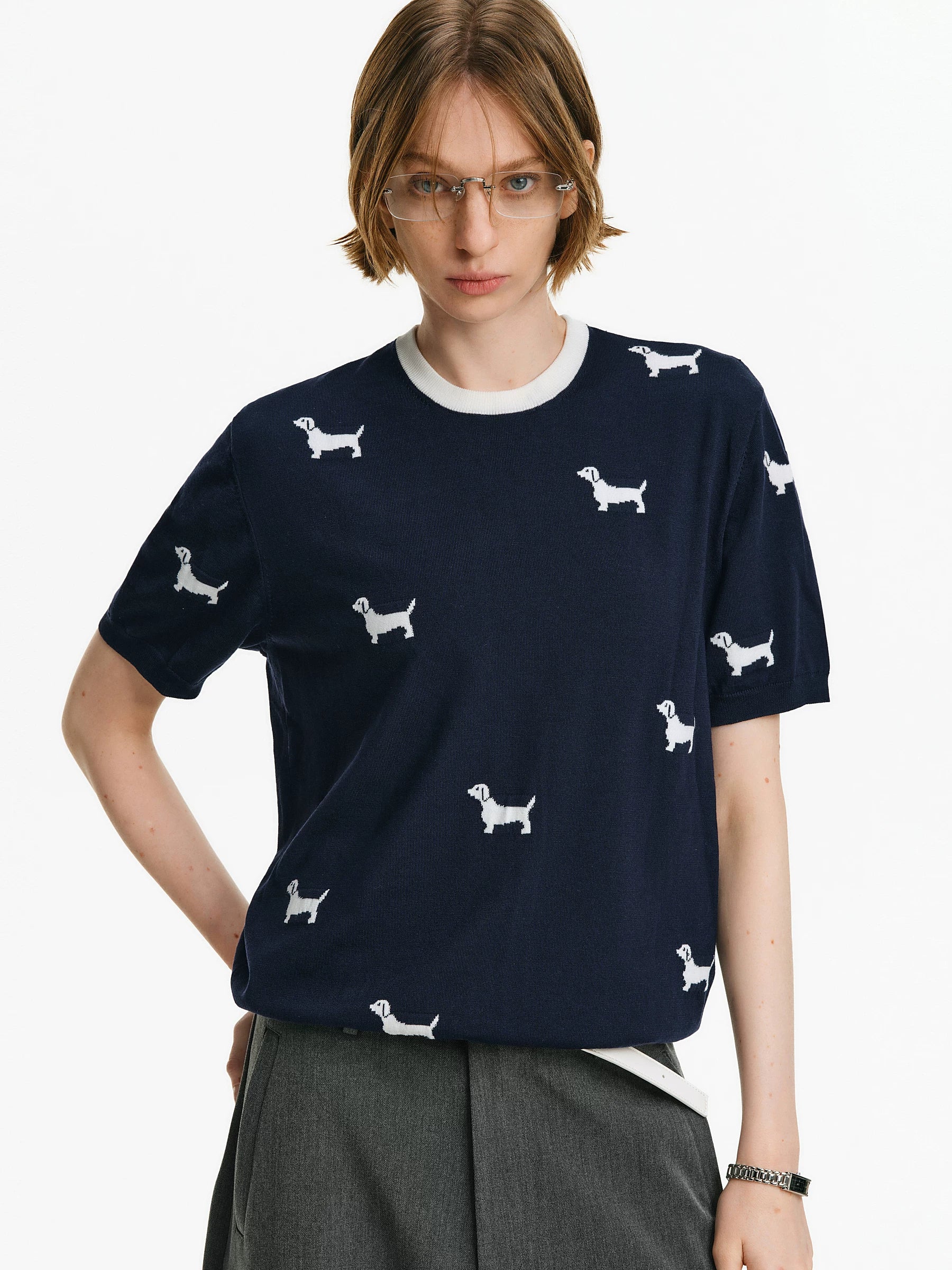Dachshund Intarsia Knit Short-Sleeve Sweater