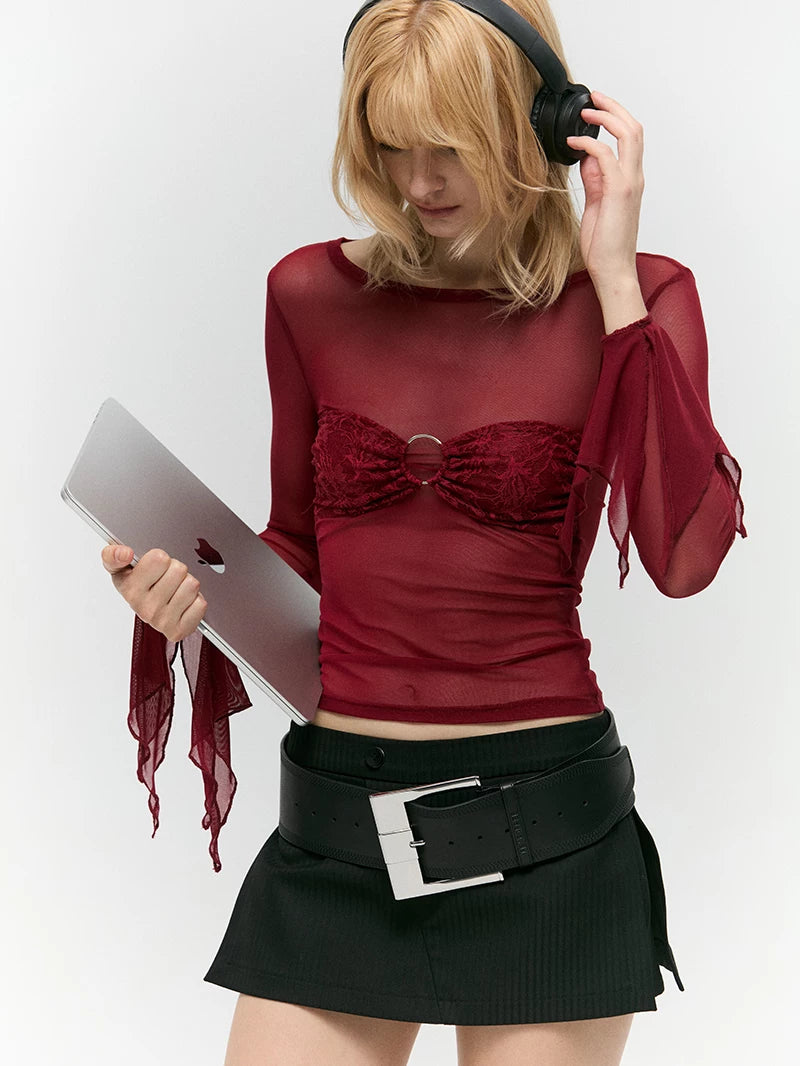 Asymwe Niche Design Sexy Slim-Fit Base Layer with Lace Stitching Red Mesh Long-Sleeve T-Shirt for Women with a High-End Feel