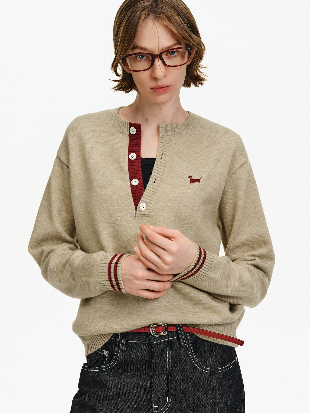 Contrast Trim Henley Knit Sweater