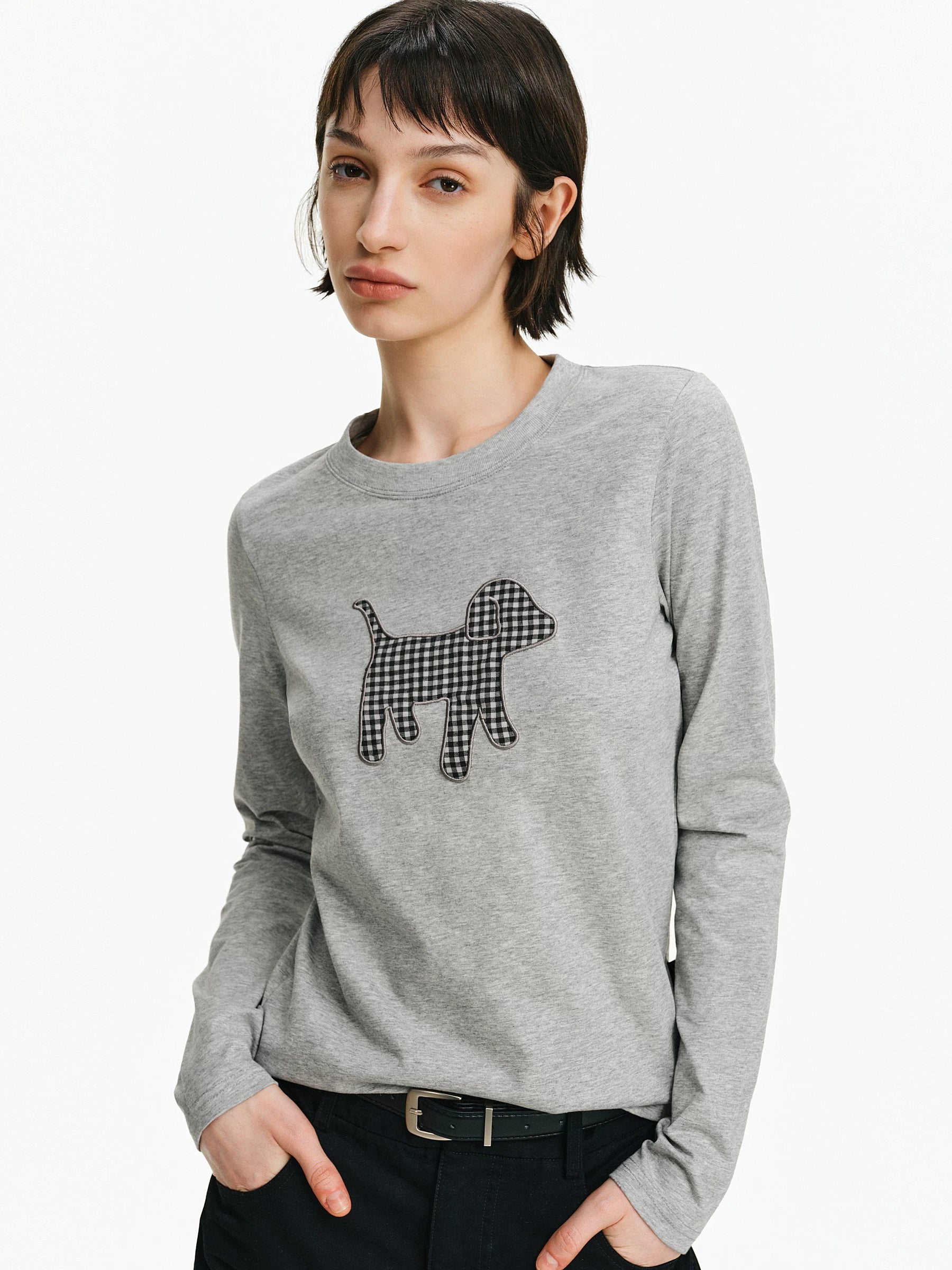 Embroidered Plaid Dog Crew Neck Top