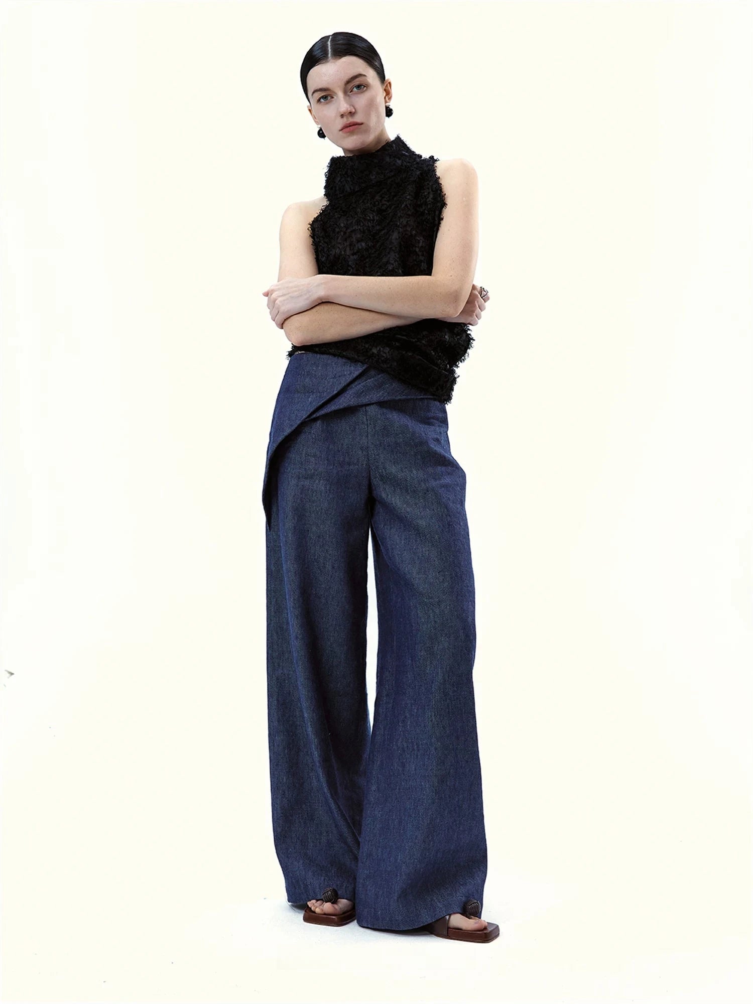 Asymmetrical Waistband Wide-Leg Denim Trousers
