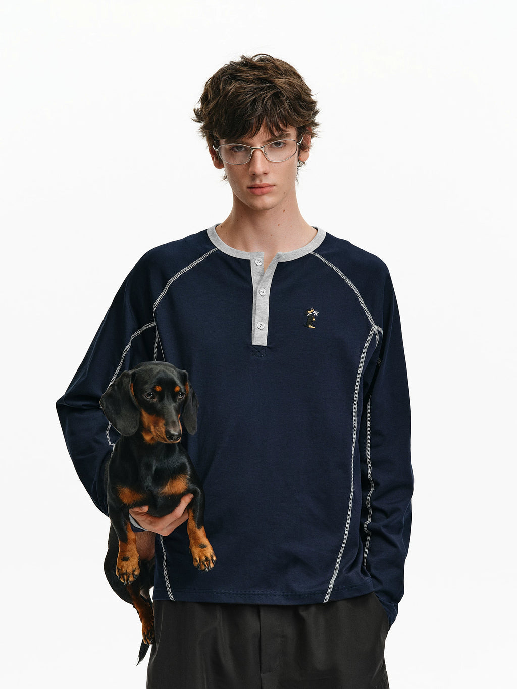 Contrast Stitch Henley Long-Sleeve Top