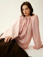 Smoky Pink Pleated Tie-Neck Blouse