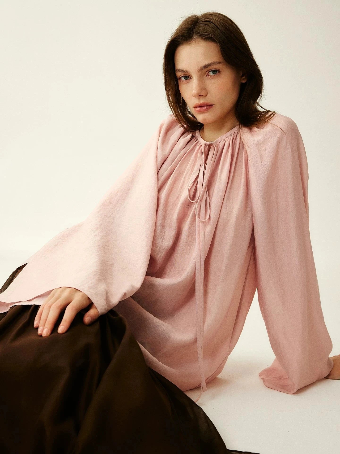 Smoky Pink Pleated Tie-Neck Blouse